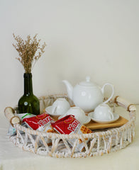 White Woven Water Hyacinth Tray With Ceramic Handles 2 Piece Set