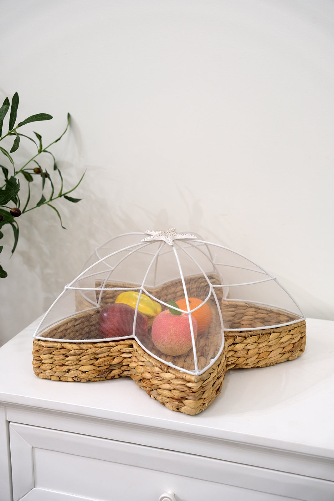 Handwoven Water Hyacinth Star Tray with Mesh Food Cover