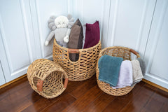 Set of 3 Handwoven Round Water Hyacinth Baskets with PU Leather Handles