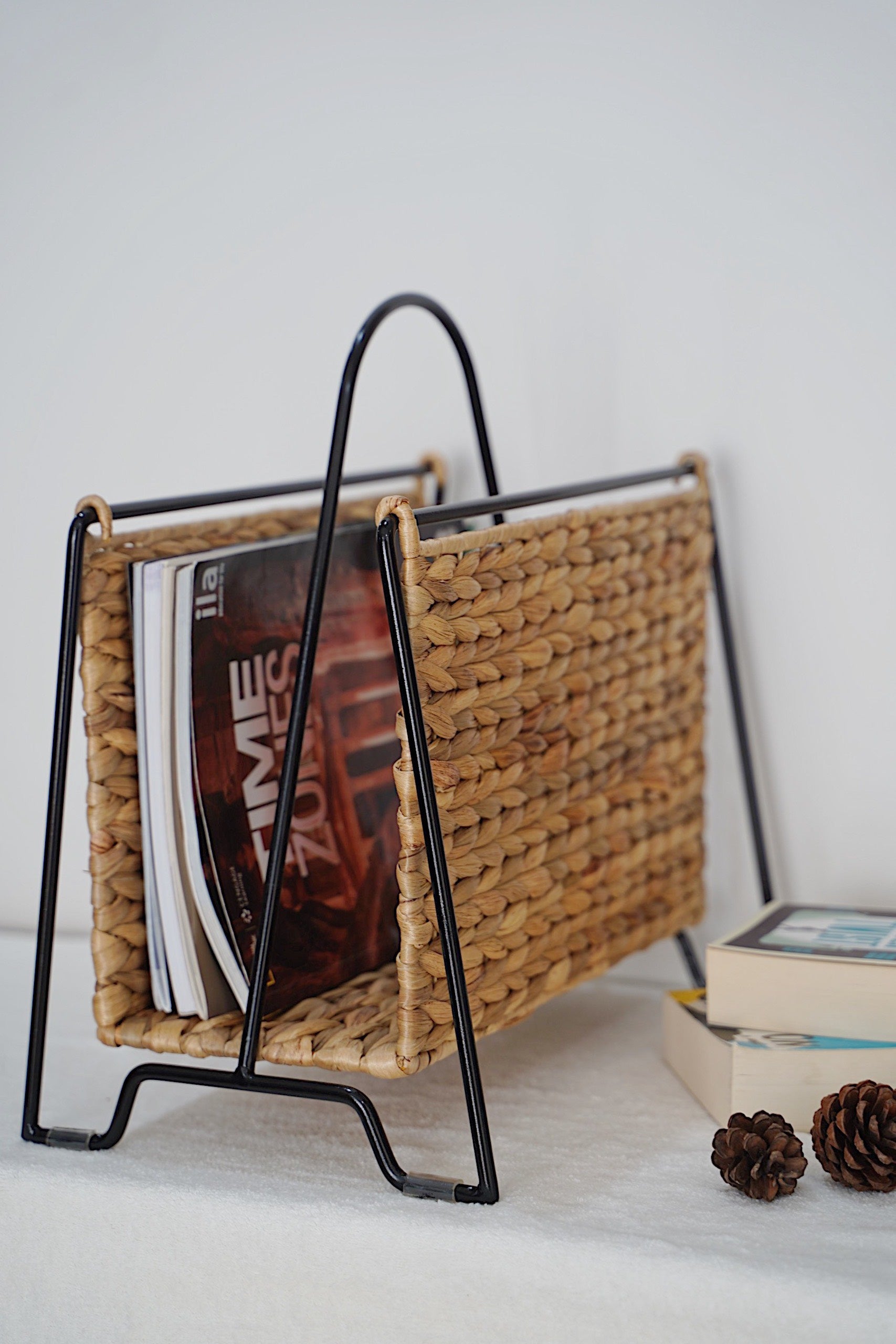 Woven Water Hyacinth Magazine Holder With Black Metal Frame